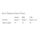 Arm sleeve size chart for youth, small-medium, and large-XL categories.