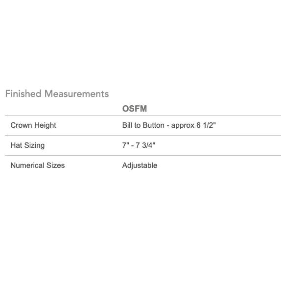 Measurement chart for a hat with crown height, bill to button, and numerical size information.