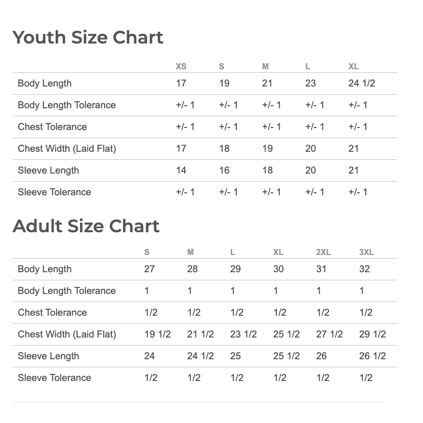 Size chart for 2225 & 6925 L.A.T. Crewneck-Sweatshirt