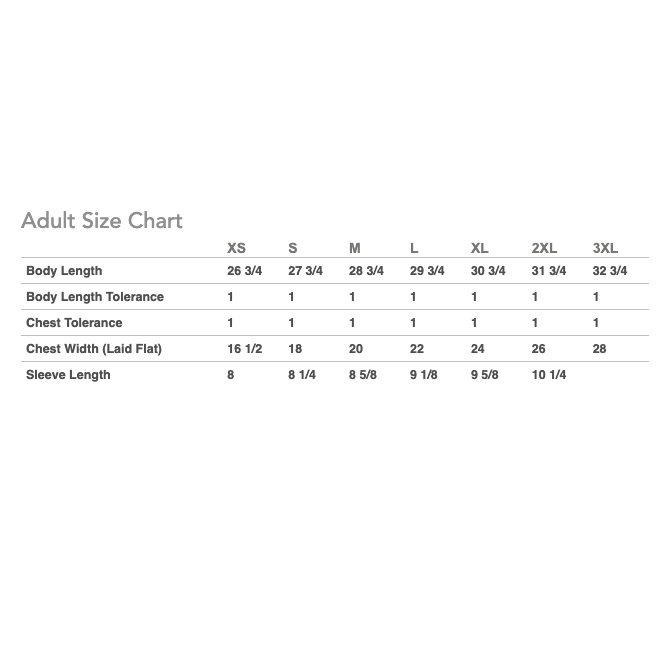 Adult size chart for clothing measurements on a white background