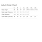 An adult size chart table showing measurements for S, M, L, XL, 2XL, 3XL, and 4XL body length, body length tolerance, chest tolerance, and chest width laid flat.