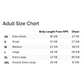 An adult size chart table showing body length from HPS and chest measurements forXS, S, M, L, XL, and 2XL sizes.