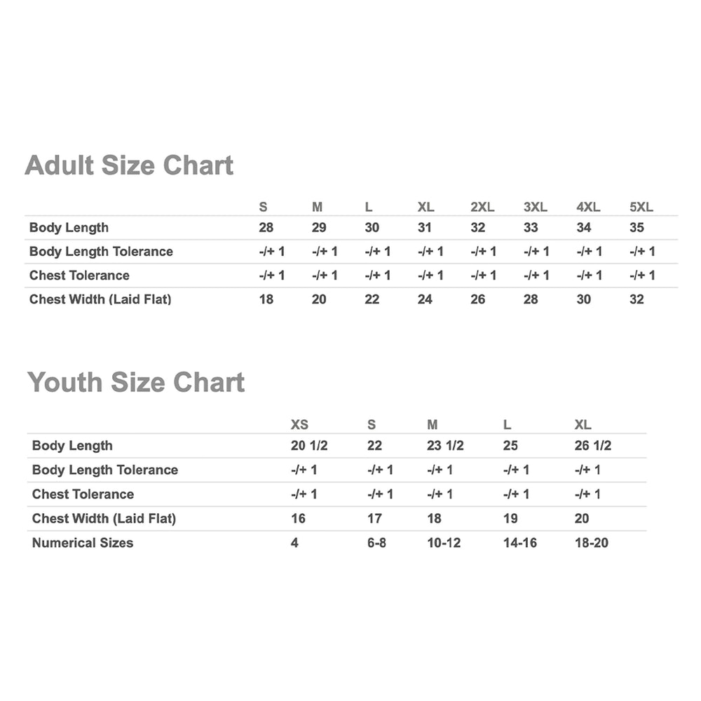 Size chart for adults and youth on a white background
