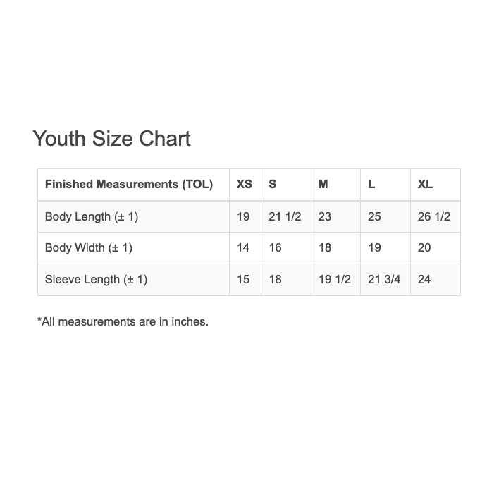 Youth size chart with finished measurements in inches on a white background