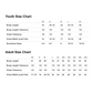 Size chart for youth and adults on a white background