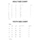 Size charts for adults and youth on a white background