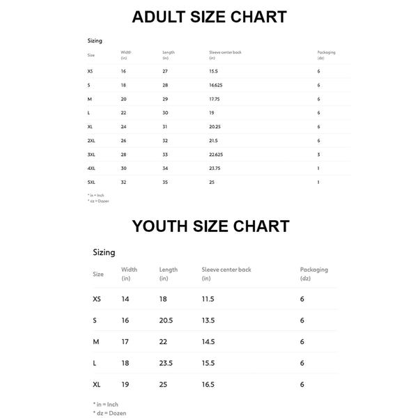 Size charts for adults and youth on a white background