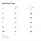 An adult size chart table with columns for Size, Width (in), Length (in), and Packaging (dz). The chart lists sizes S through 2XL with corresponding measurements.