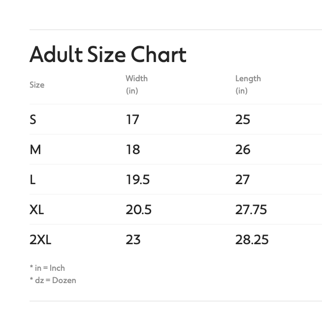 An adult size chart table showing width and length measurements in inches for sizes S, M, L, XL, and 2XL.