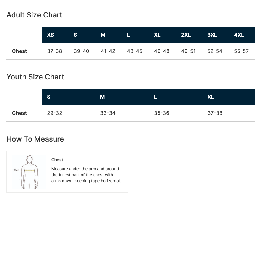 Size chart for adults and youth with measurements on a white background