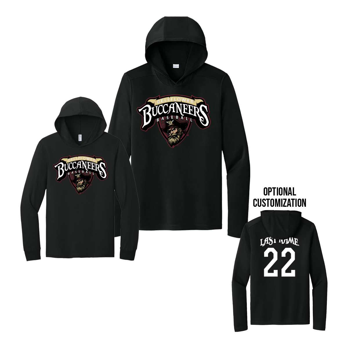 Bellflower Buccaneers Baseball - Long Sleeve Tee Hoodie