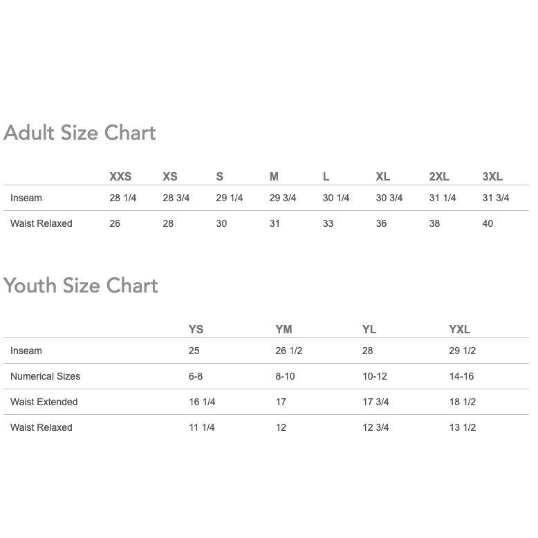 Size chart for adults and youth on a white background