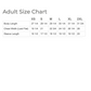 An adult size chart table showing measurements forXS, S, M, L, XL, and 2XL sizes, with columns for body length, chest width (laid flat), and sleeve length.