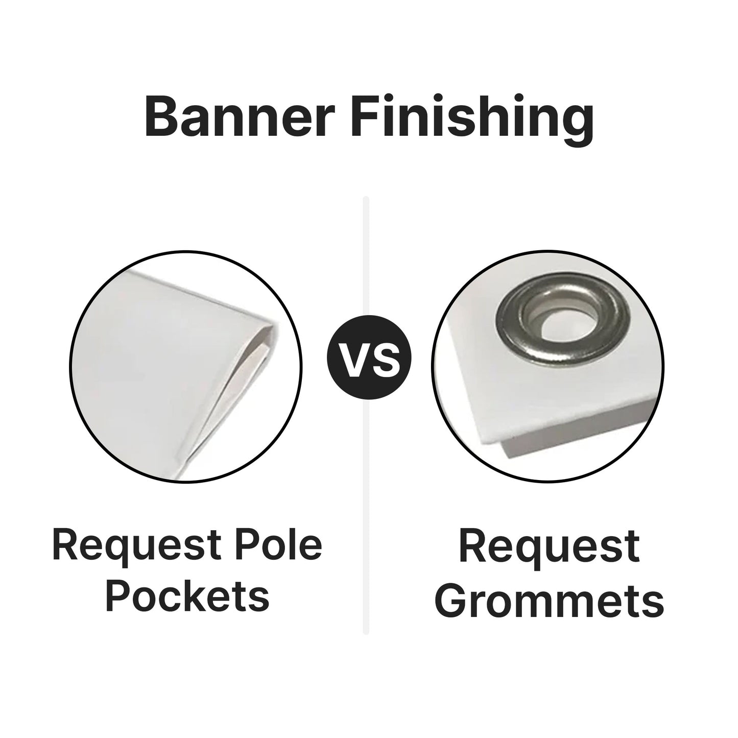 Comparison between request pole pockets and grommets for banner finishing.