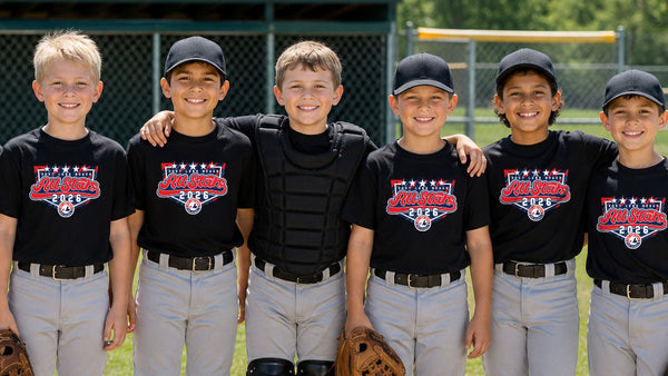 A.I. generated image of group of young baseball players posing together on a field with a black ALL STARS T-shirt on.