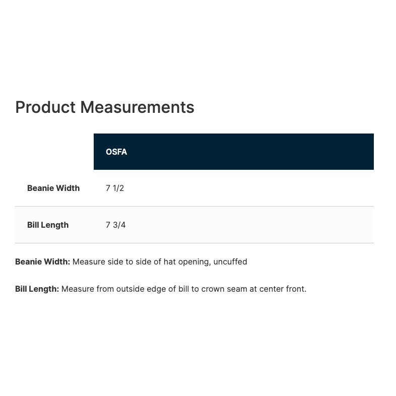 Product measurements displayed on a white background