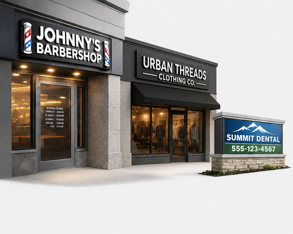 storefronts of Johnny's Barbershop and Urban Threads Clothing Co. with a Summit Dental sign.
