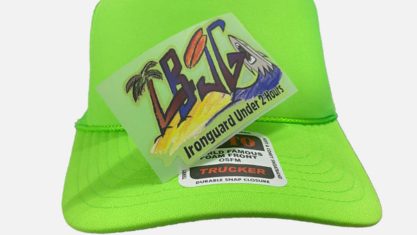 Green cap with a colorful logo and text on a white background