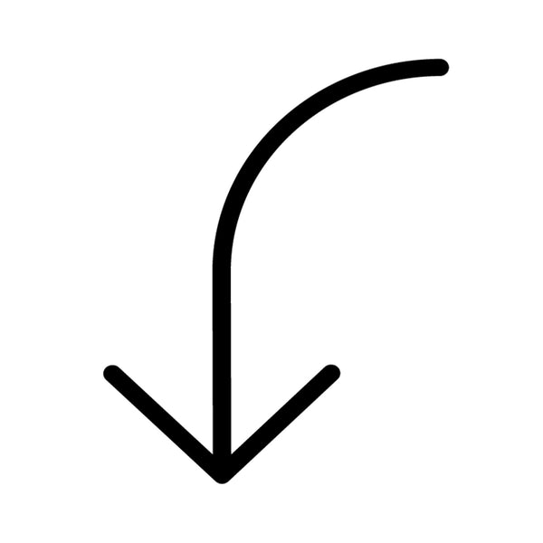 A simple black curved arrow pointing downward on a plain white background.