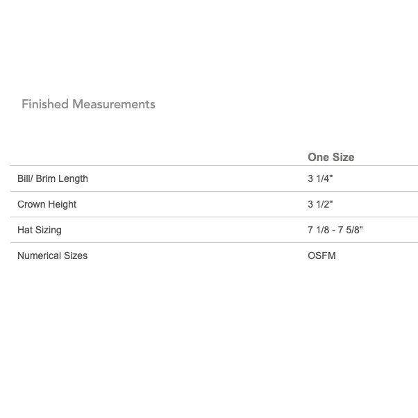 Measurement chart for a hat with dimensions listed.