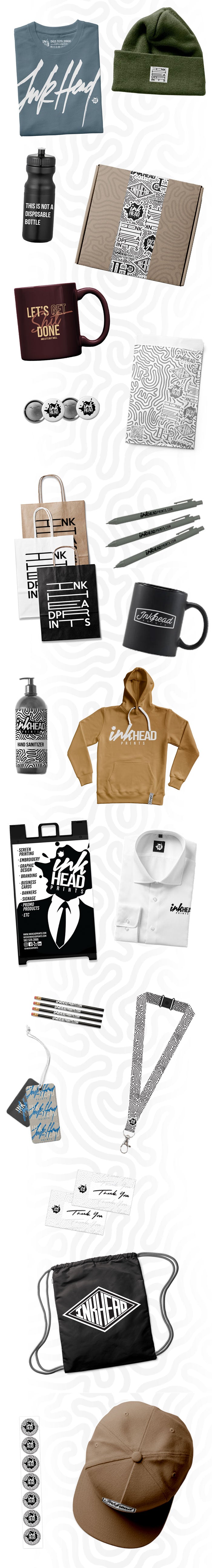 Collection of various branded merchandise including shirts, bags, and hats.