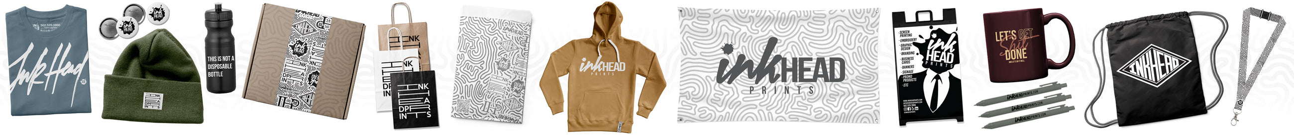 Collection of branded merchandise including hats, shirts, bags, and mugs with visible logos.
