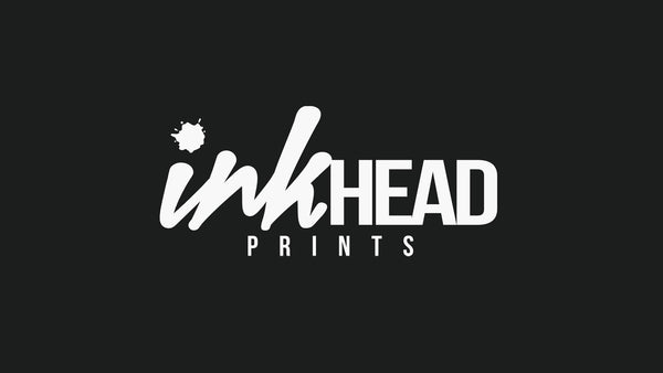 White logo with 'Ink Head Prints' design on a black background