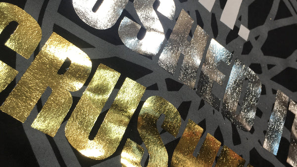 Text design with 'GOT IT', 'PUSH HARD', and 'GRUDGE' in metallic gold and silver on a black background.