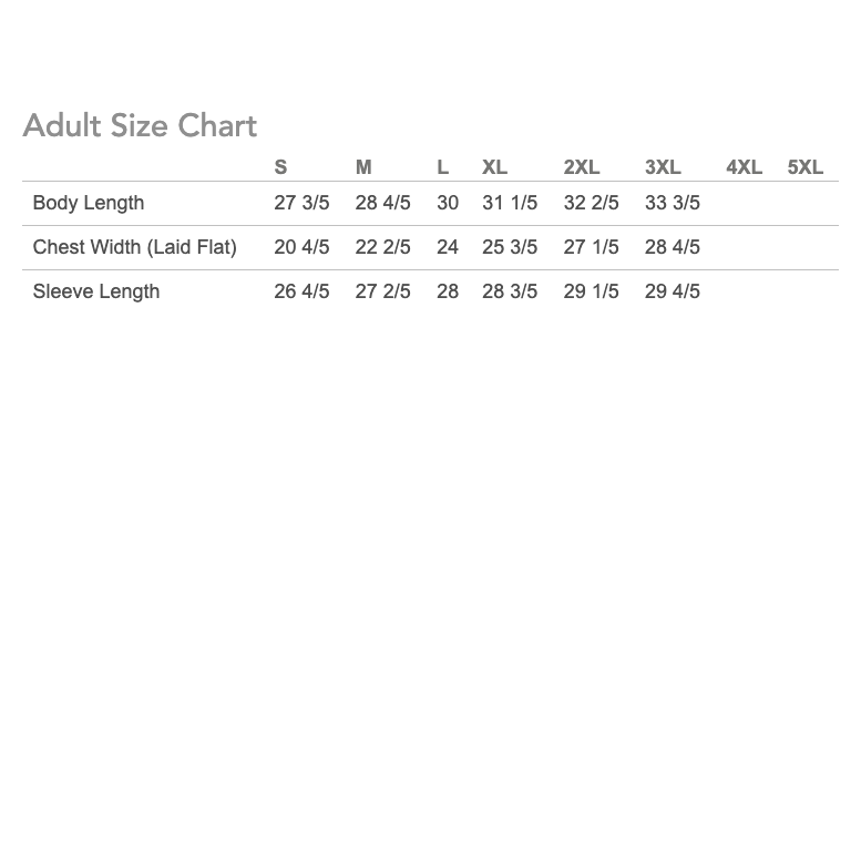 Size chart for adult clothing measurements on a white background