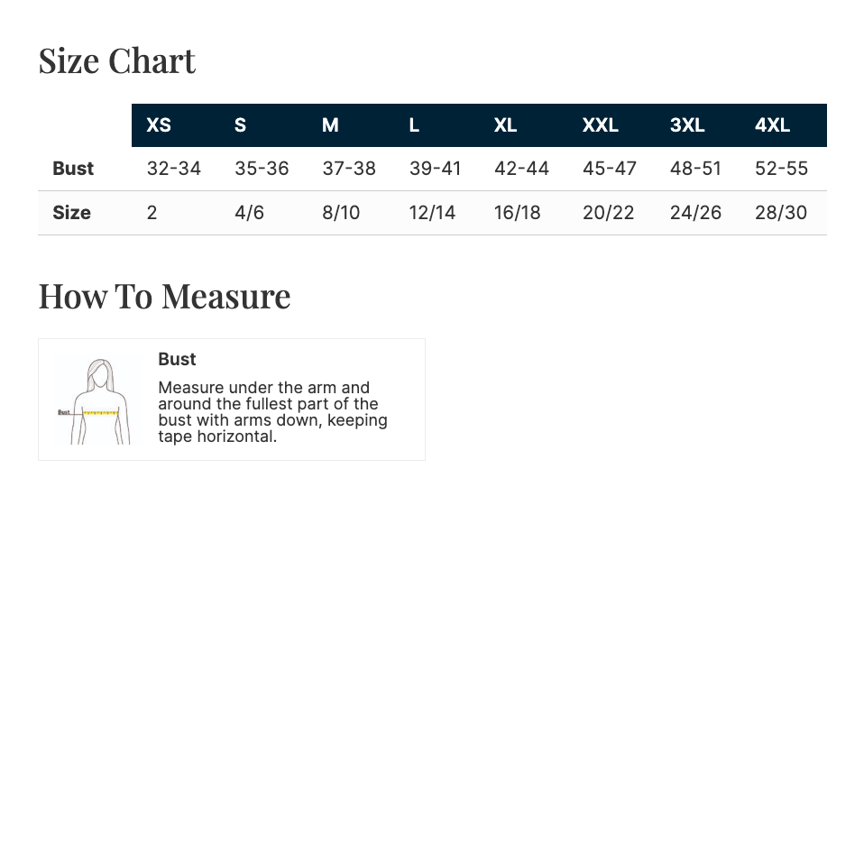 A size chart and measurement guide for apparel. The chart lists bust measurements in inches for sizes XS through 4XL and a size column in numbers.