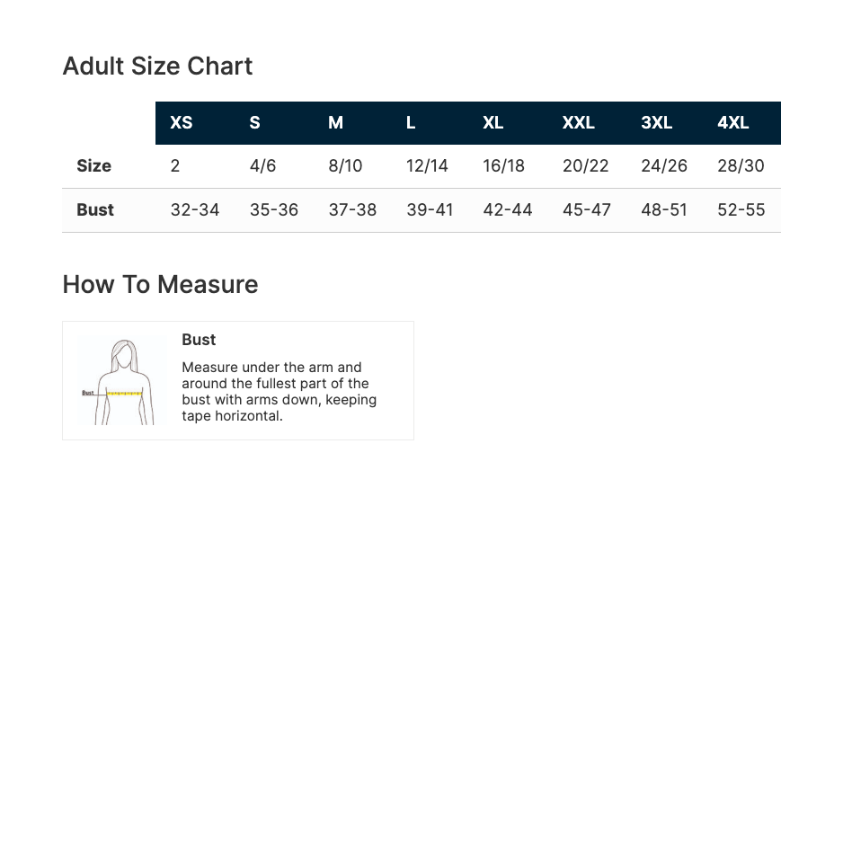 Adult size chart for clothing on a white background