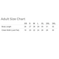 An adult size chart table on a white background, showing body length and chest width measurements forXS, S, M, L, XL, 2XL, and 3XL sizes.
