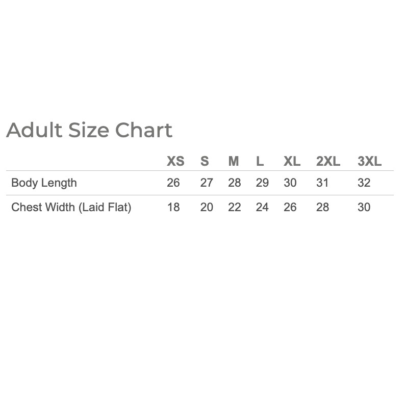 An adult size chart table on a white background, showing body length and chest width measurements forXS, S, M, L, XL, 2XL, and 3XL sizes.