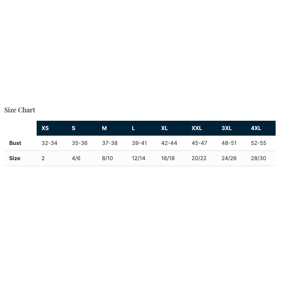 A size chart table showing measurements for XS, S, M, L, XL, XXL, 3XL, and 4XL sizes, with Bust and Size rows on a white background.