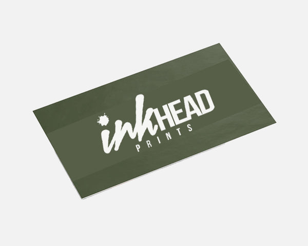 Green business card with 'inHEAD Prints' logo on a white background