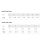 Size charts for adult and youth clothing on a white background