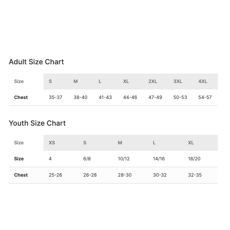 Size charts for adult and youth clothing on a white background