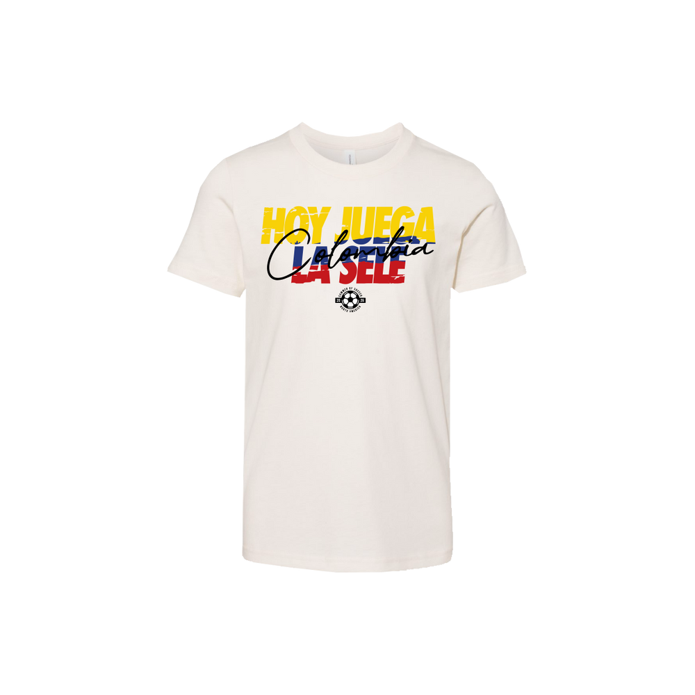White t-shirt with colorful text design on a white background