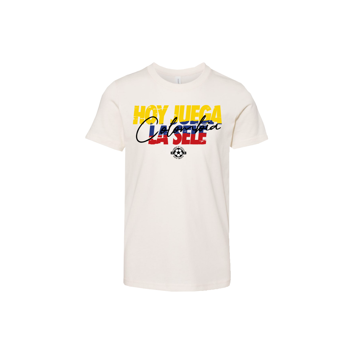 White t-shirt with colorful text design on a white background
