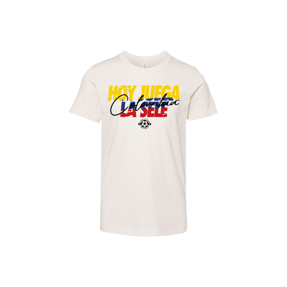 White t-shirt with colorful text design on a white background
