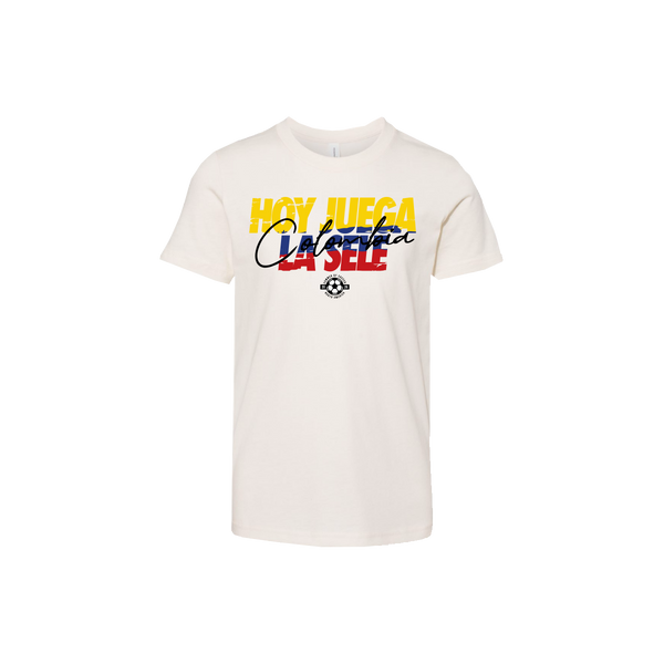 White t-shirt with colorful text design on a white background