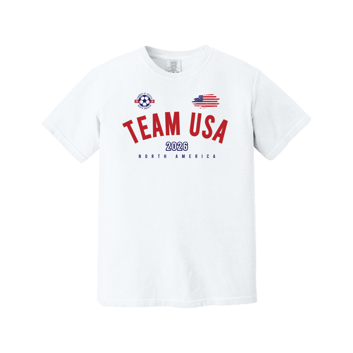 White t-shirt with 'Team USA' text and logos on a white background