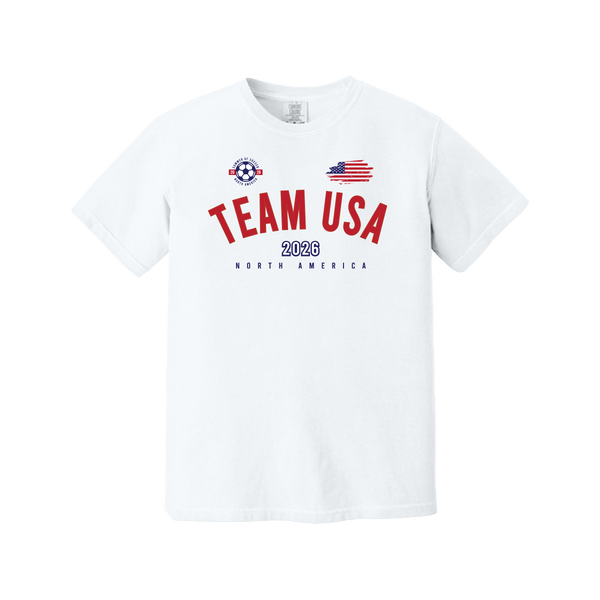 White t-shirt with 'Team USA' text and logos on a white background