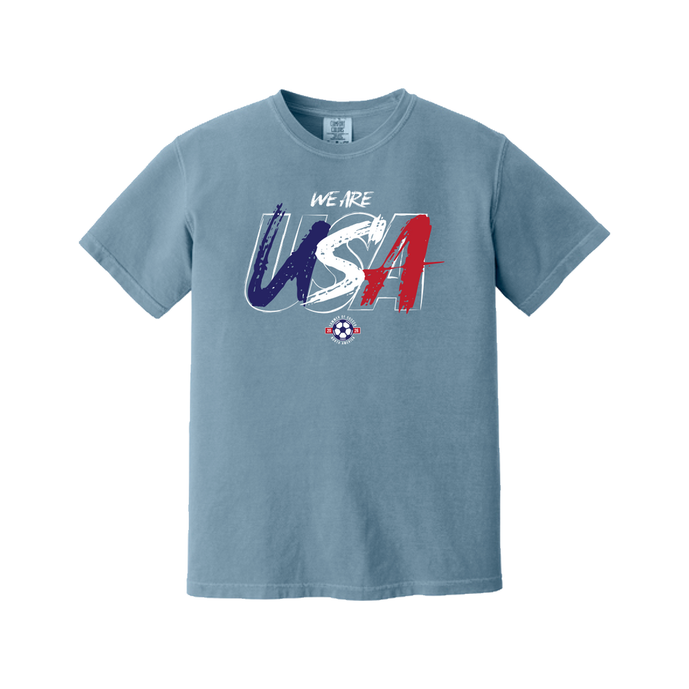 Blue t-shirt with 'We Are USA' text on a white background