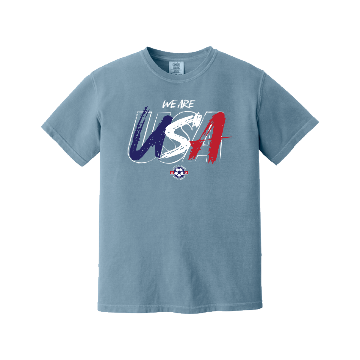 Blue t-shirt with 'We Are USA' text on a white background
