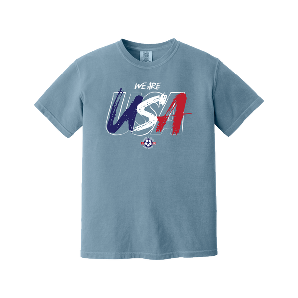 Blue t-shirt with 'We Are USA' text on a white background
