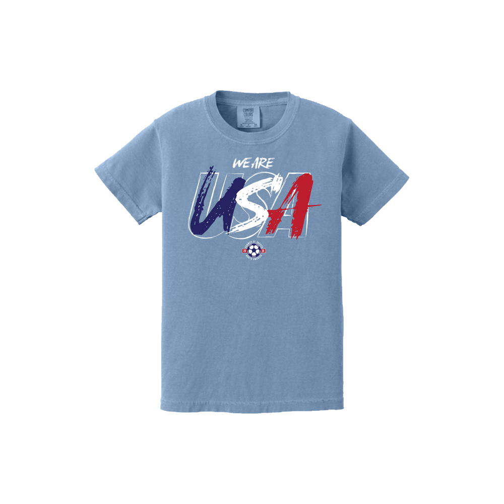 Light blue t-shirt with 'We Are USA' graphic on a white background