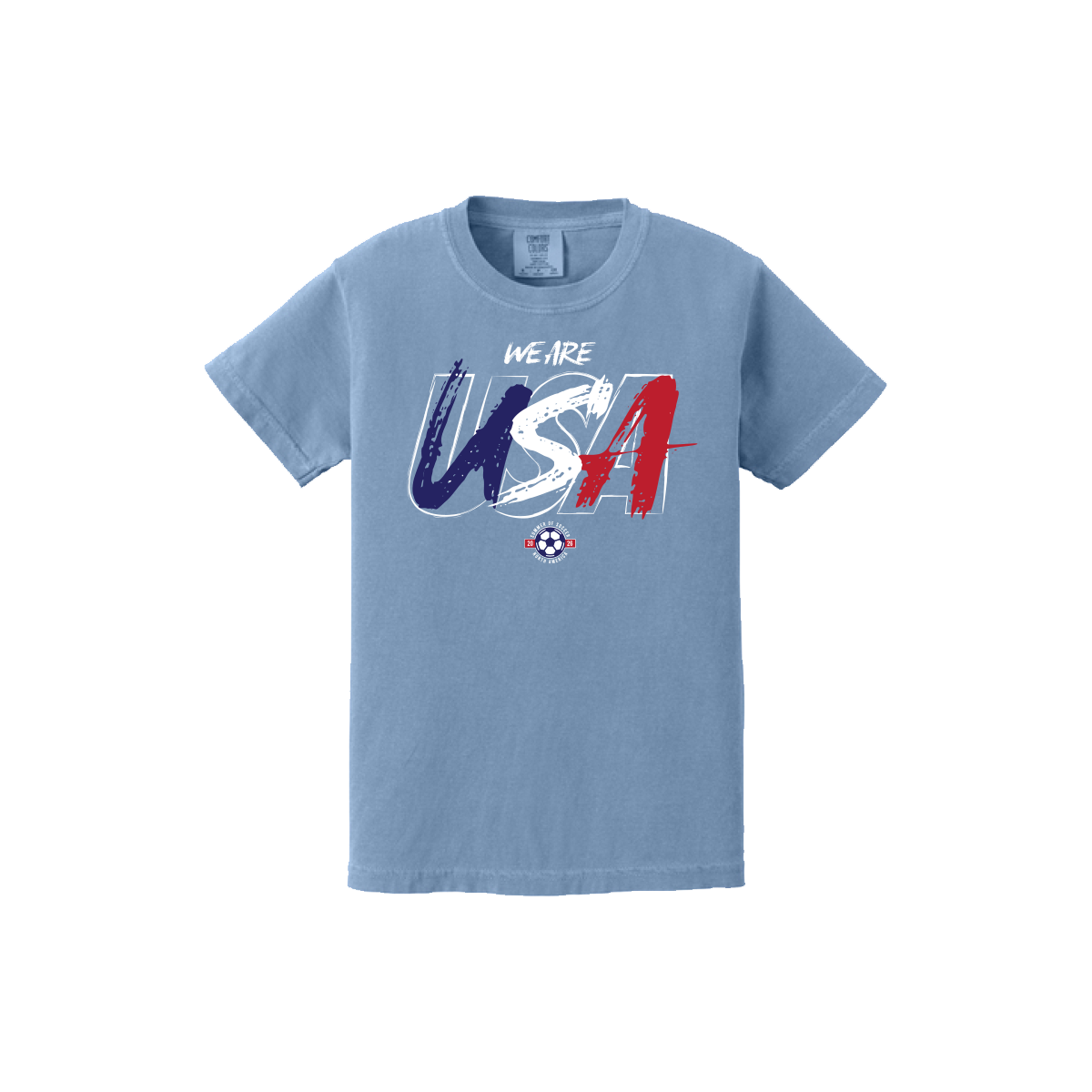 Light blue t-shirt with 'We Are USA' graphic on a white background