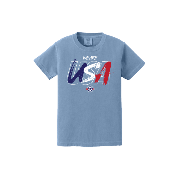 Light blue t-shirt with 'We Are USA' graphic on a white background