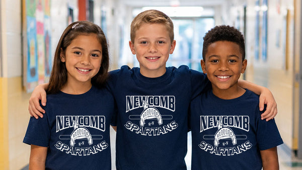 AI Generated Image of Three children wearing Newcomb Spartans t-shirts in a school hallway.